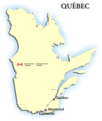 Image showing the map of Québec with hyperlinks to the AQHI readings for Gatineau, Montréal and Québec