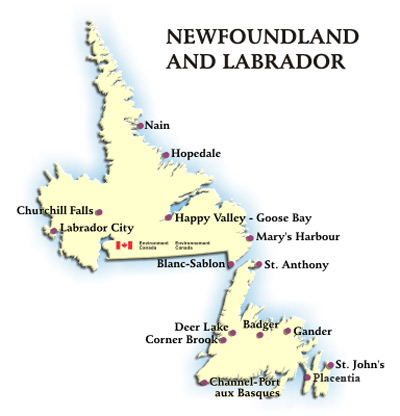 map of newfoundland and labrador cities Graphical Map For Weather Conditions And Forecasts For Cities In map of newfoundland and labrador cities