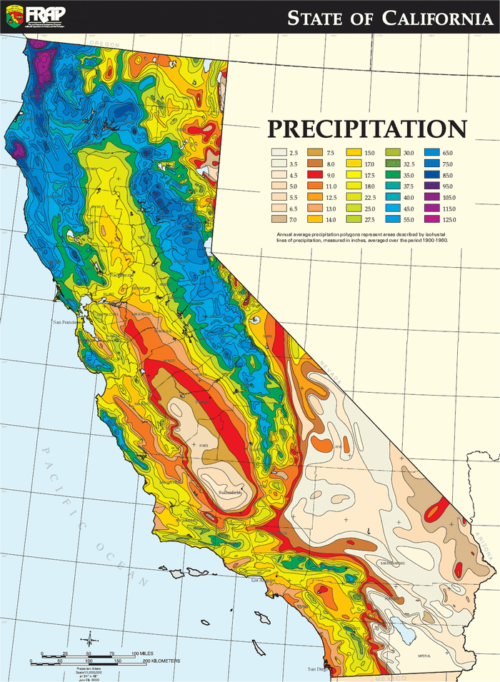 California Average Annual Precipitation Climate Map With Color